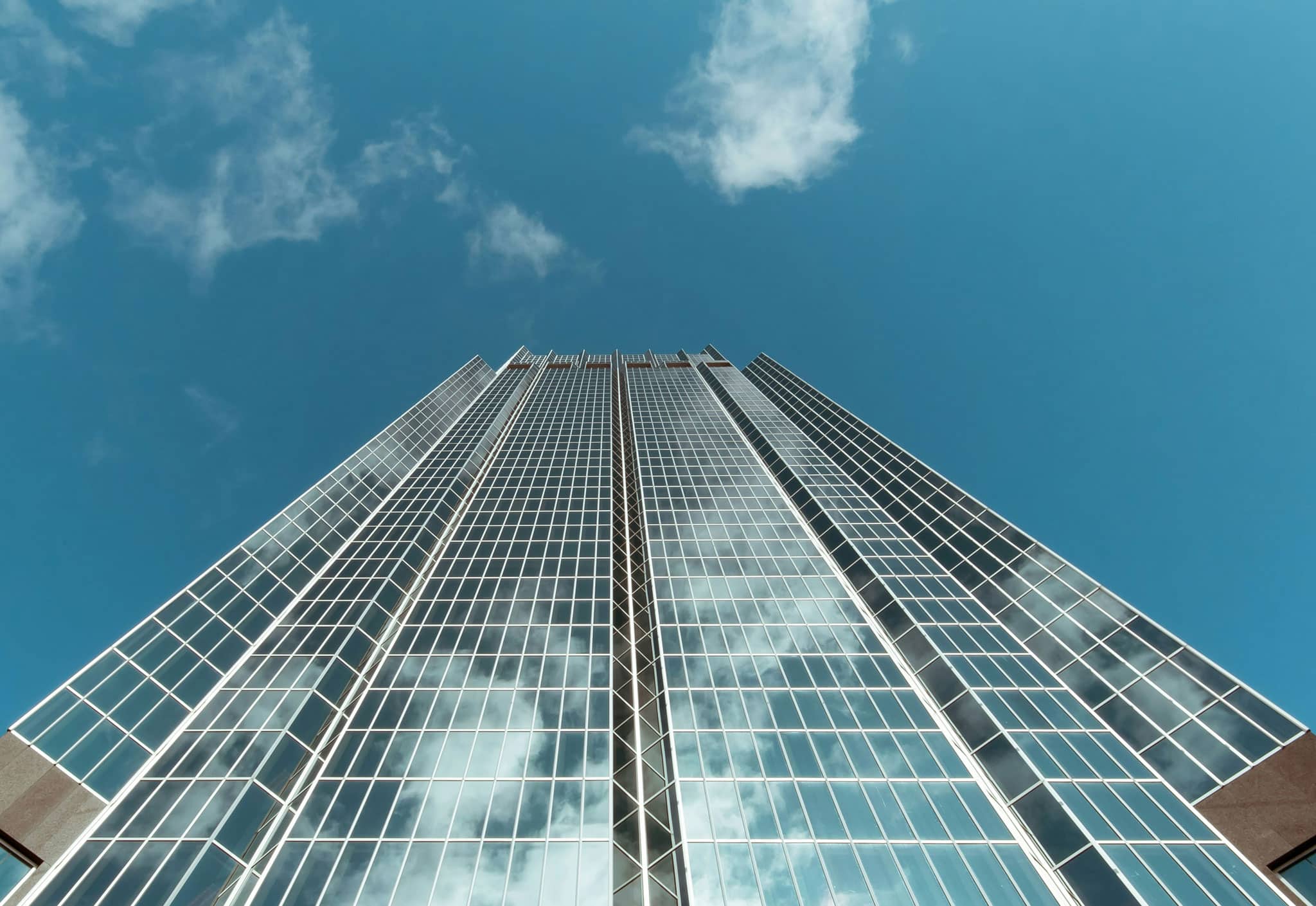 Photograph of a building taken from ground level looking up