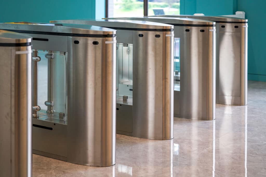 Pro-TechT smart entry turnstiles for secure building access.