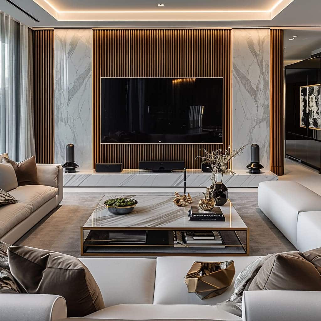 Modern lounge room with TV and pouf adding relaxation to the living space