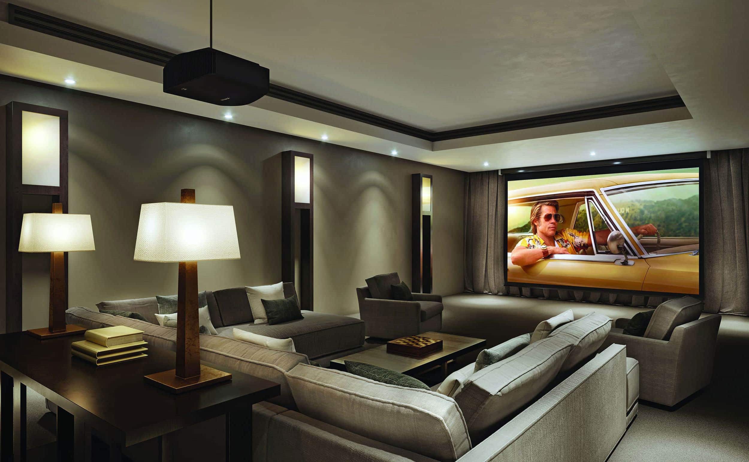 Luxury home theater with smart lighting, plush seating, and large projector screen.