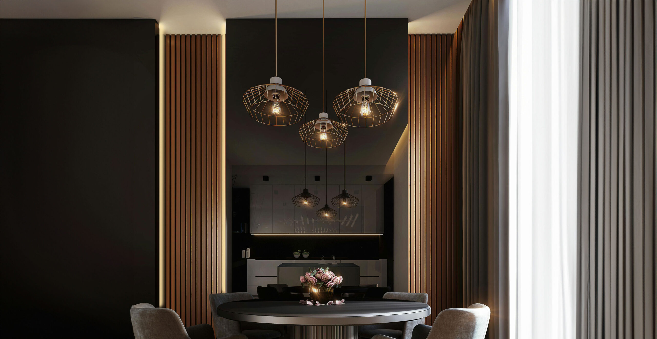 Three pendant lights over a round table