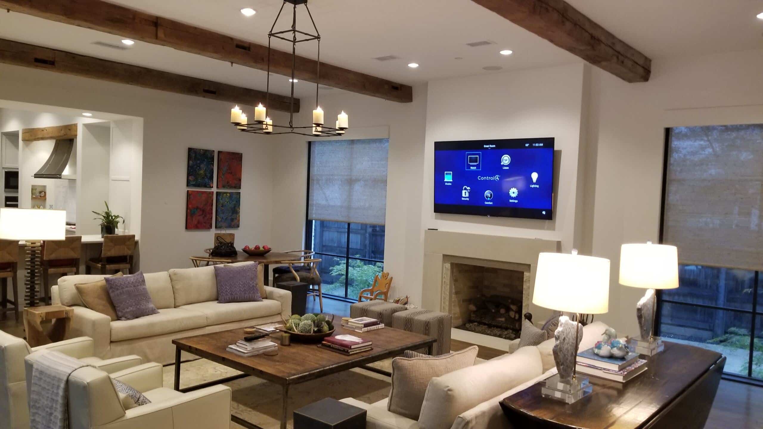 Modern living room with smart home control system and cozy interior design.
