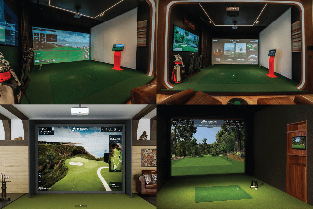 Custom Pro-TechT golf simulator rooms featuring Foresight Sports and TrackMan setups for home and commercial spaces